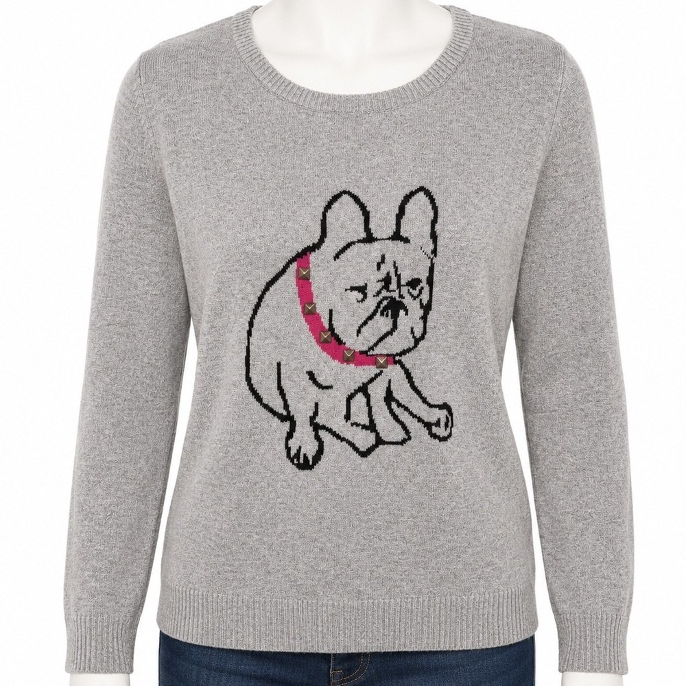 B-Design Gray French Bulldog Studded‎ Pullover Sweater Large Whimsical Novelty